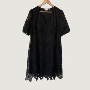 Chicos Black Lace Shift Dress Short Sleeve Split V-Neck Scalloped Hem Size L 12